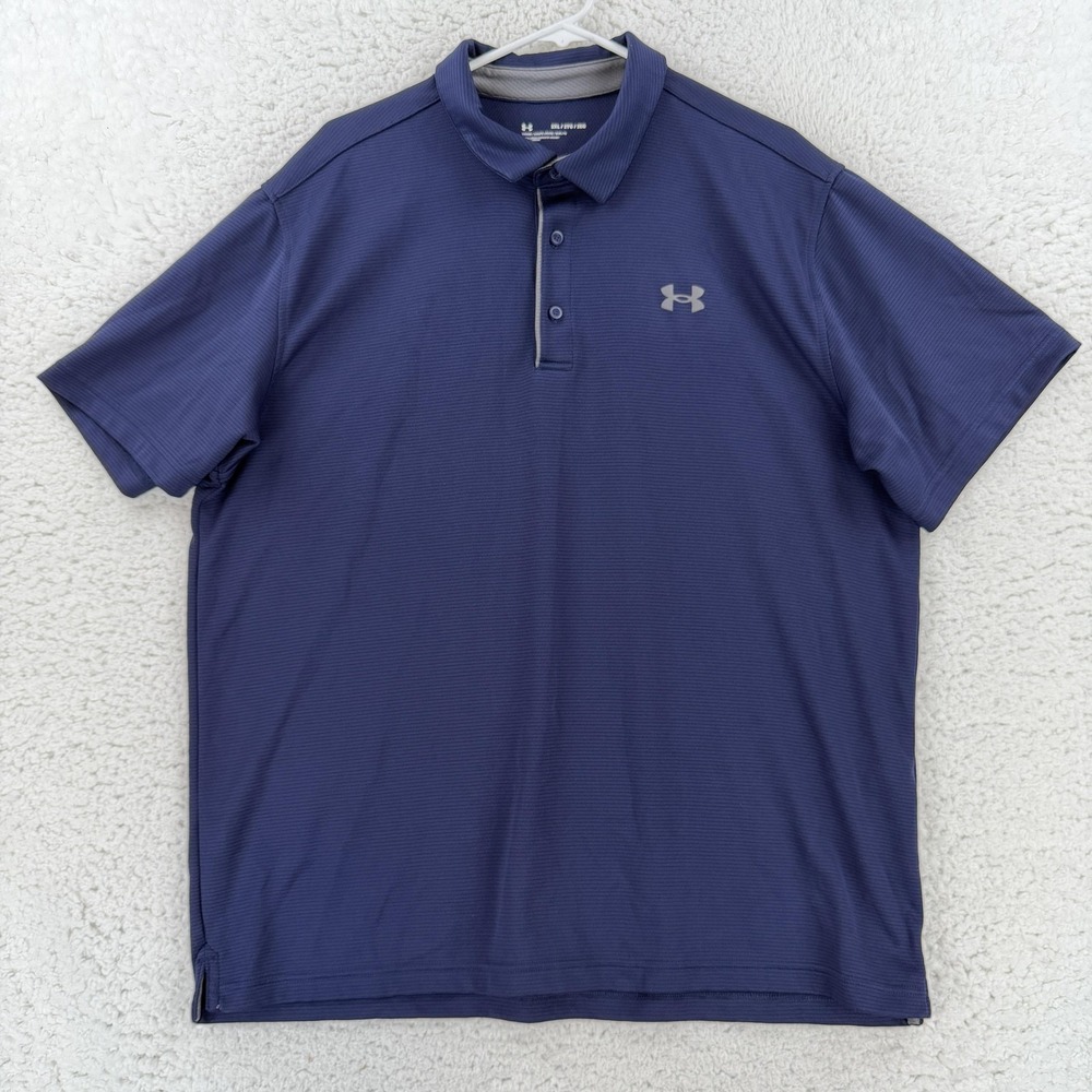 Under Armour Polo Shirt Mens 2XL Blue Stripe Loose Fit Golf Performance Top